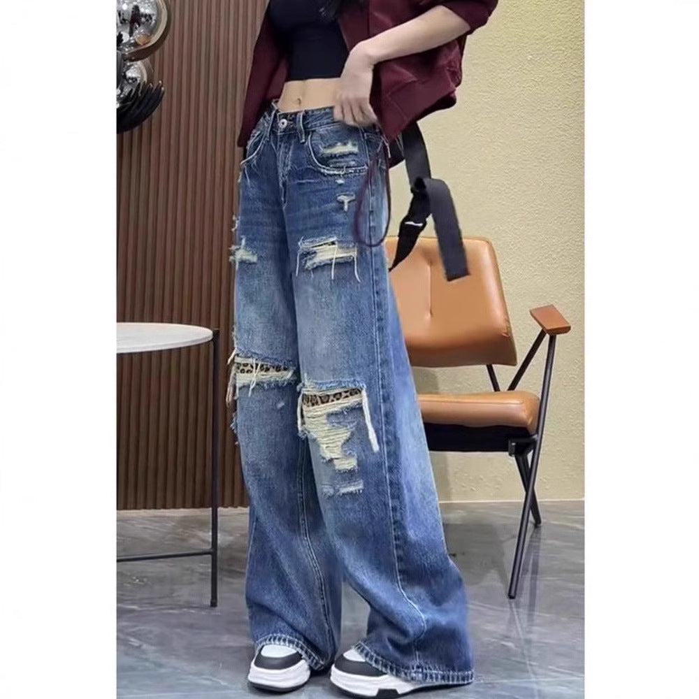 Women's Baggy Jeans with Distressed Details and High Waist