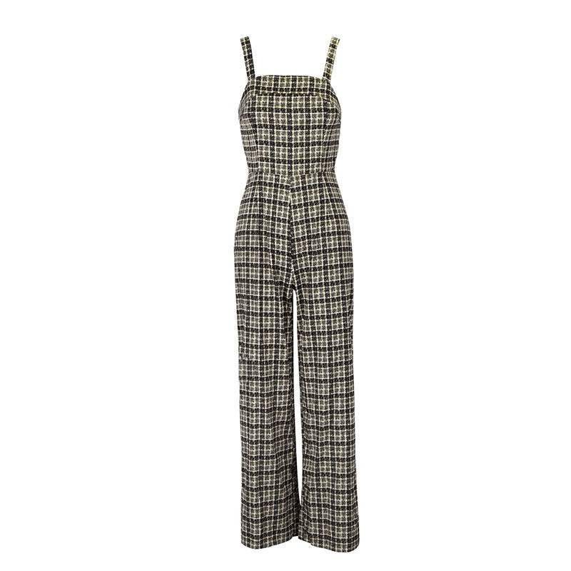 Women's Wide-Leg Jumpsuit with Fine Plaid Pattern