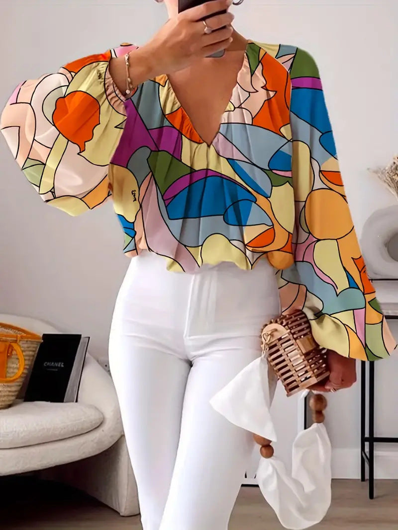 Blouse with V-Neck and Fashionable Graphic Design