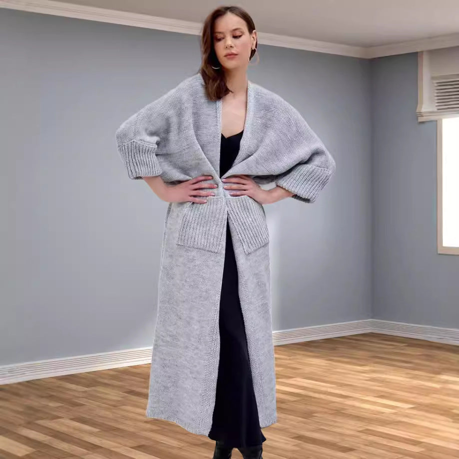 Women's Chunky Knit Coat with Practical Pockets and Elegant V-Neck