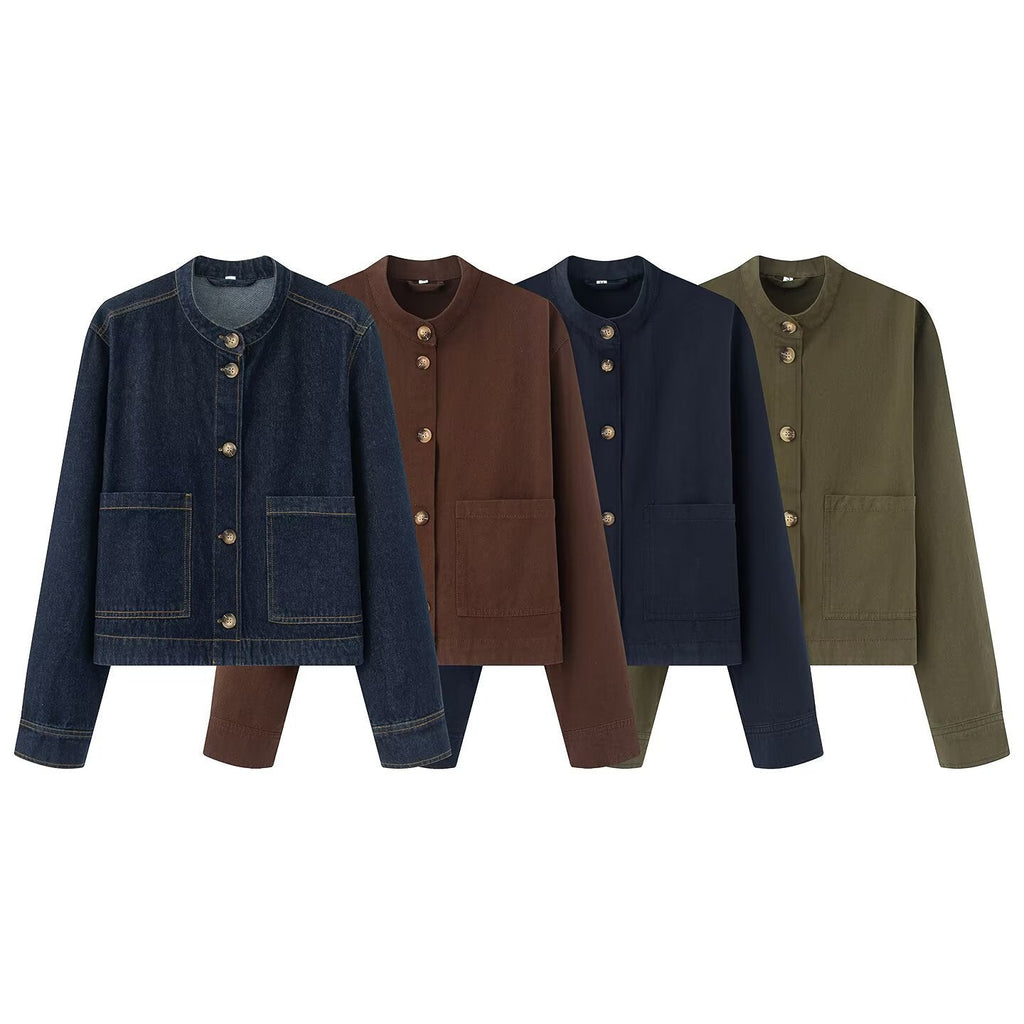 Women's Cotton Jacket with Button Placket and Pockets
