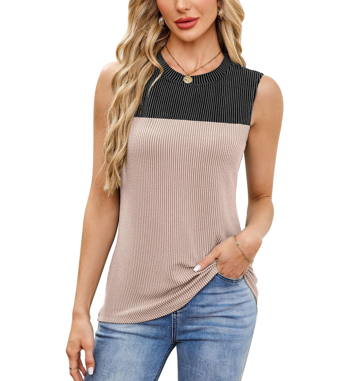 Sleeveless Ribbed Boat Neck Top with Side Pockets