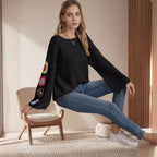 Women's Striped Knit Sweater with Floral Appliqués