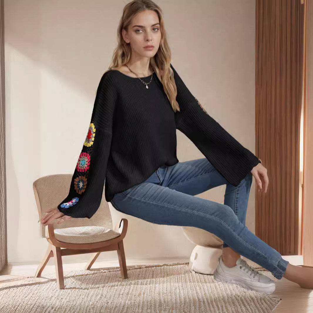 Women's Striped Knit Sweater with Floral Appliqués