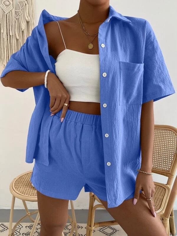 Women's Lightweight Linen Loungewear Set with Chest Pocket