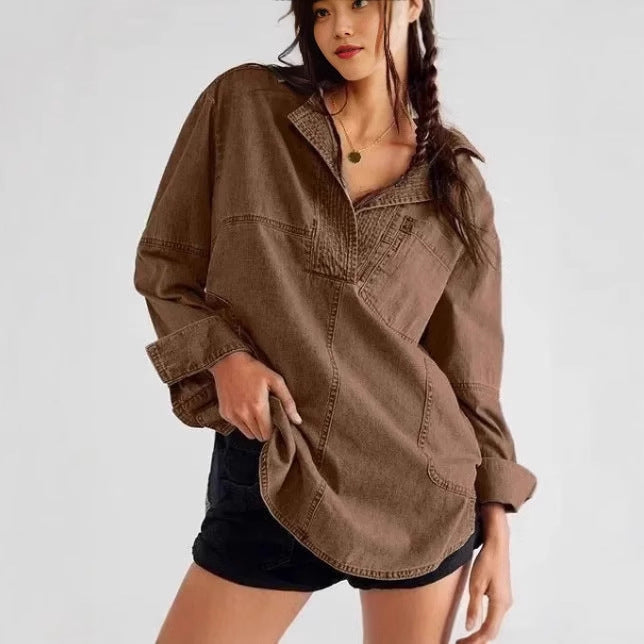 Women's Denim Shirt with Detailed Stitching