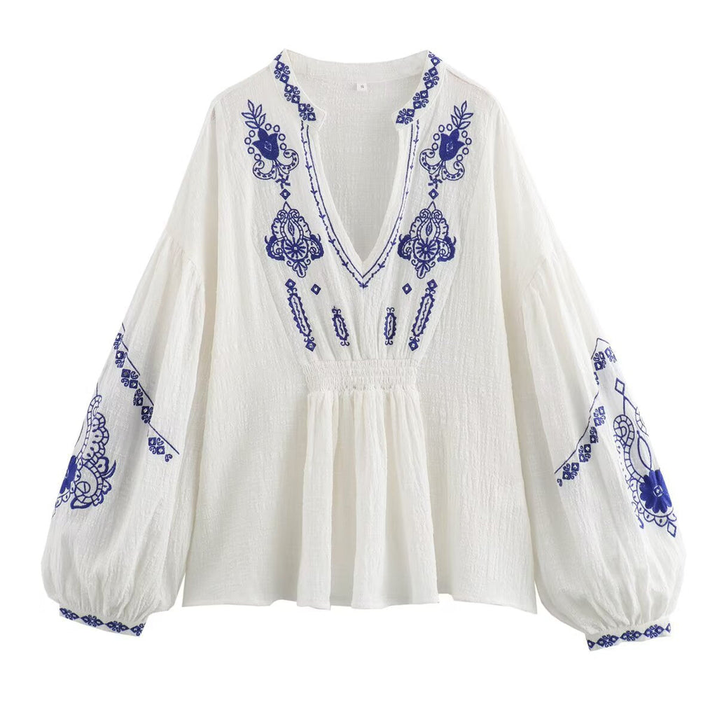 Women's Blouse with Floral Embroidery and Voluminous Sleeves