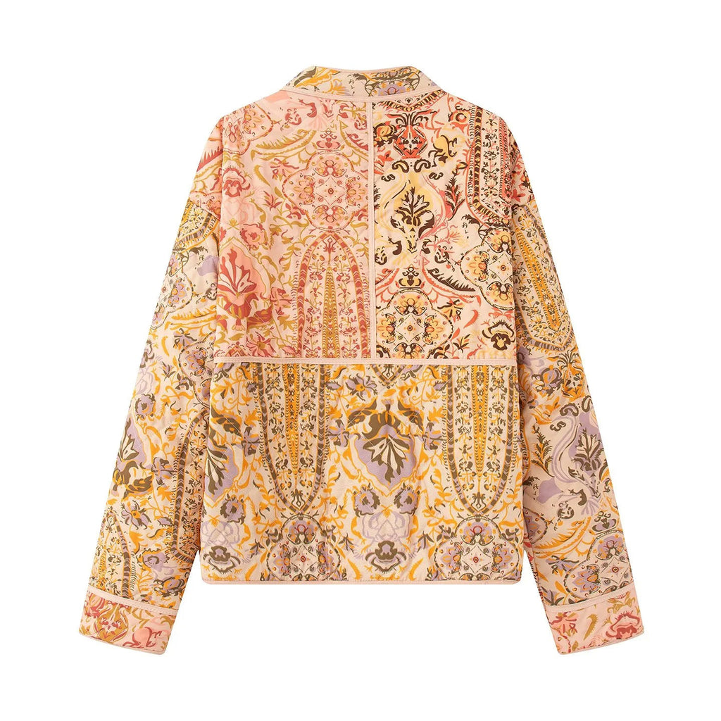 Women's Elegant Padded Jacket with Floral Pattern and Pockets