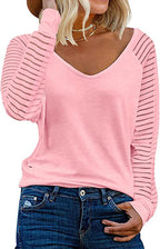 Women's Long-Sleeve V-Neck Shirt with Striped Sleeves
