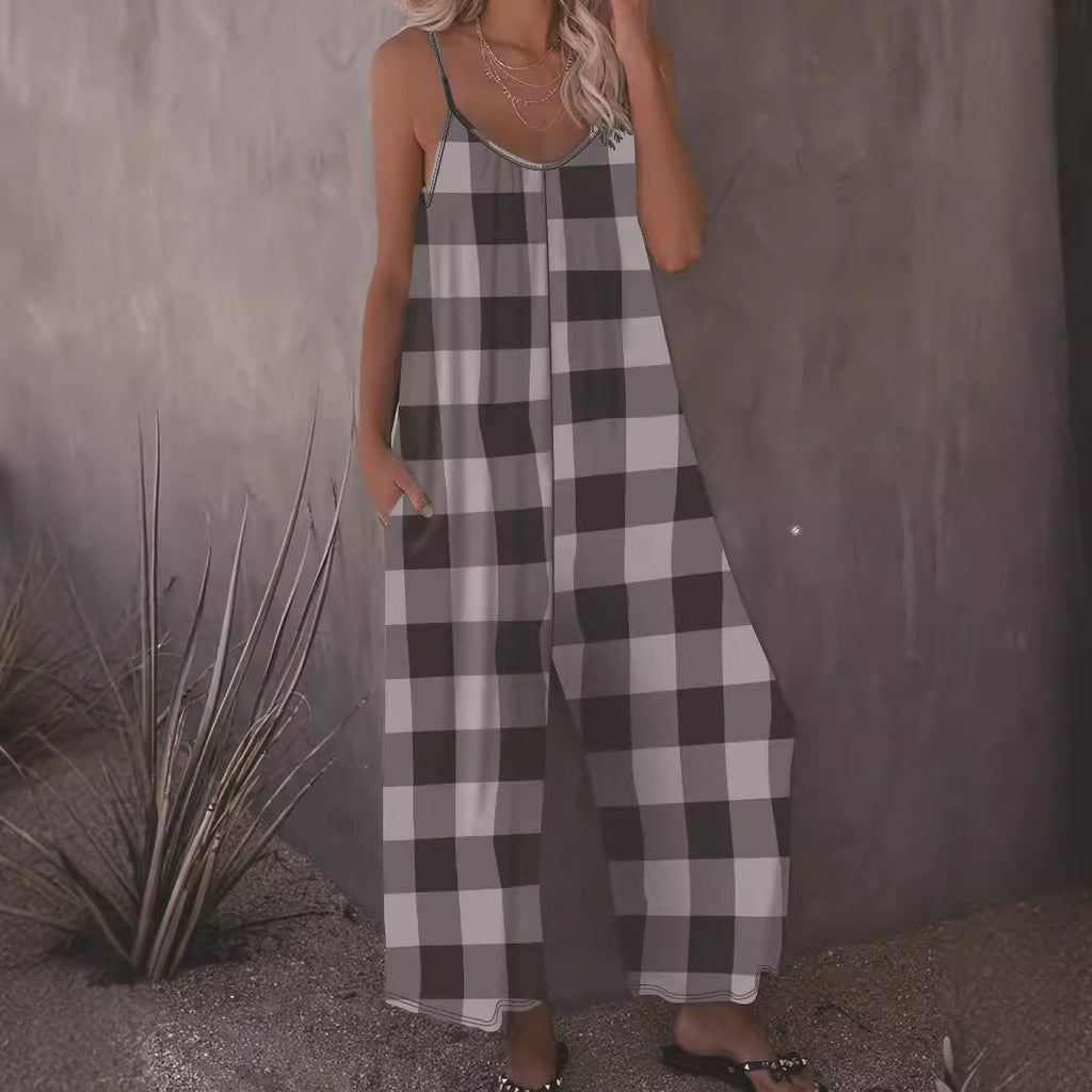 Women's Casual Plaid Jumpsuit with Pockets