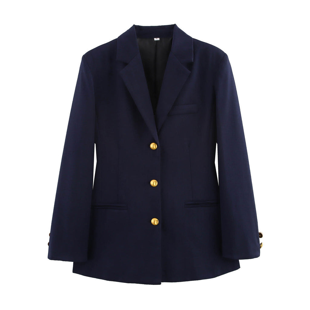 Women's Elegant Plaid Blazer with Gold Buttons