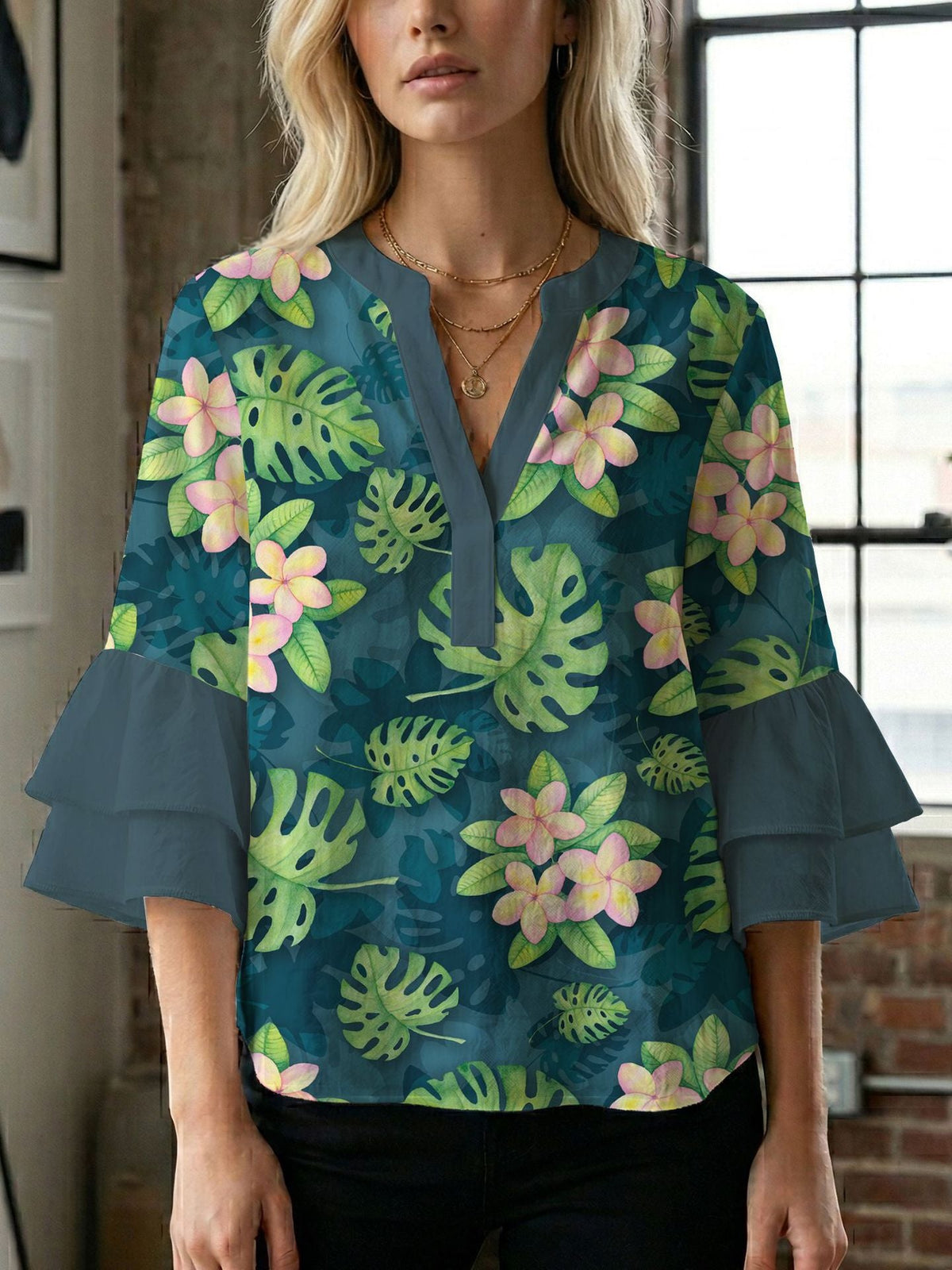 Women's Blouse Shirt with Voluminous Sleeves and Creative Print Design