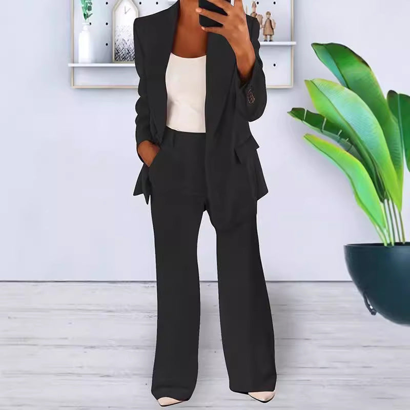 Women's Office-Ready Pantsuit Set with Wide Trousers and Tailored Blazer