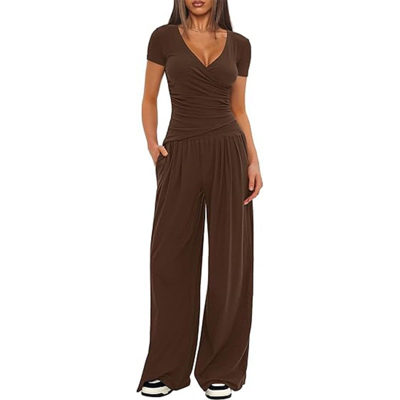 Women's Elegant Wrap Jumpsuit with Wide Leg and Fashionable Details