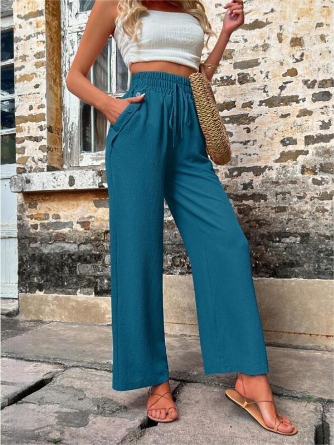 Women's Elegant Casual Trousers with Elastic Waist and Side Pockets