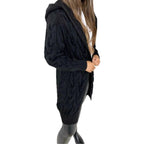 Women's Long Knit Coat with Textured Cable Design and Practical Hood