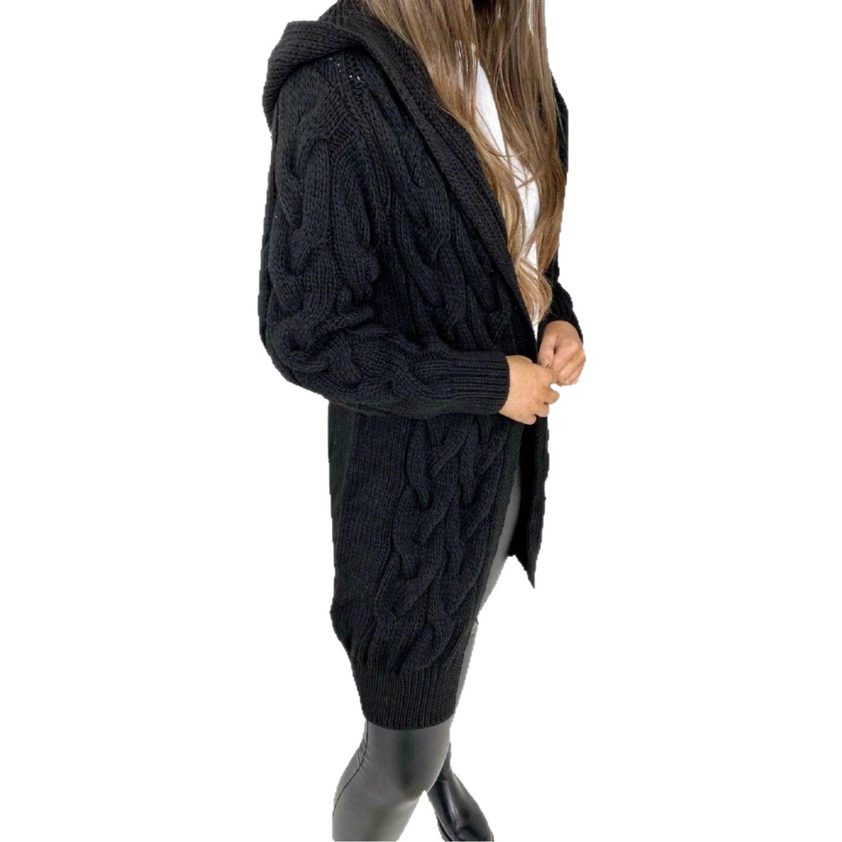 Women's Long Knit Coat with Textured Cable Design and Practical Hood