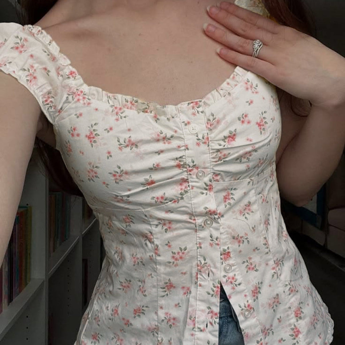 Women's Floral Blouse with Ruffle Details