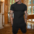 Men's slim Jersey set with round neck shirt and elastic drawstring shorts