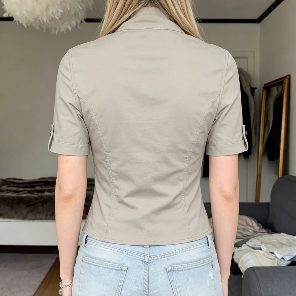 Women's Short-Sleeve Blouse with Refined Collar and Zipper