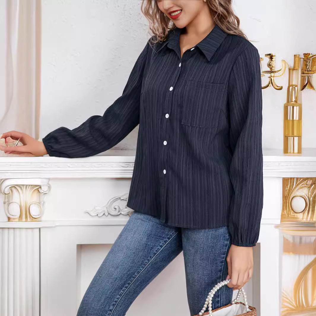 Women's Long-Sleeve Blouse with Fine Ribbed Texture and Classic Shirt Collar