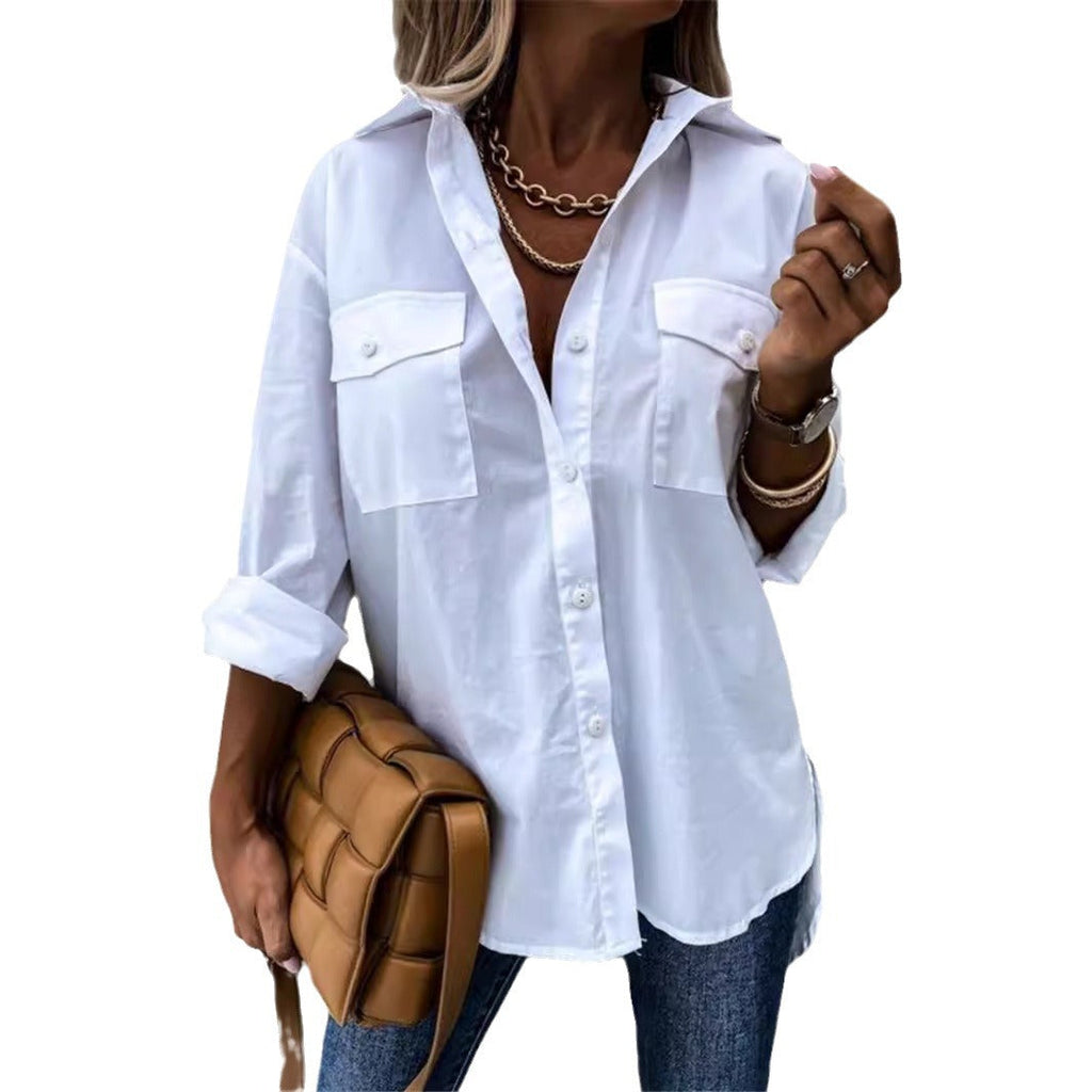 Women's Fashionable Shirt Blouse with Chest Pockets and Casual Cut