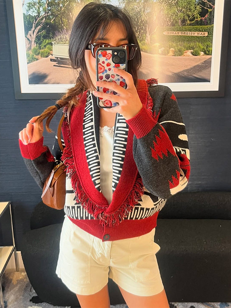 Women's Knit Cardigan with Fringed Details and Geometric Pattern