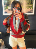 Women's Knit Cardigan with Fringed Details and Geometric Pattern