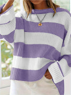 Women's Striped Knit Sweater with Wide Fit
