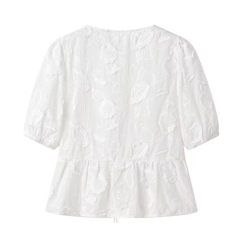 Women's Blouse with Floral Embroidery and Ruffle Details