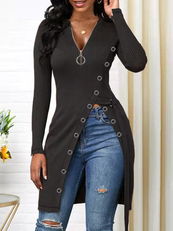Women's Form-Fitting Wrap Shirt with Button Details and Deep V-Neck
