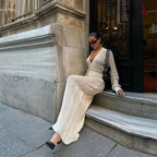 Elegant Crocheted Maxi Dress with Deep V-Neck