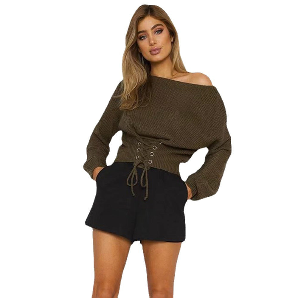 Women's Cropped Knit Sweater with Fringed Details and Decorative Lacing