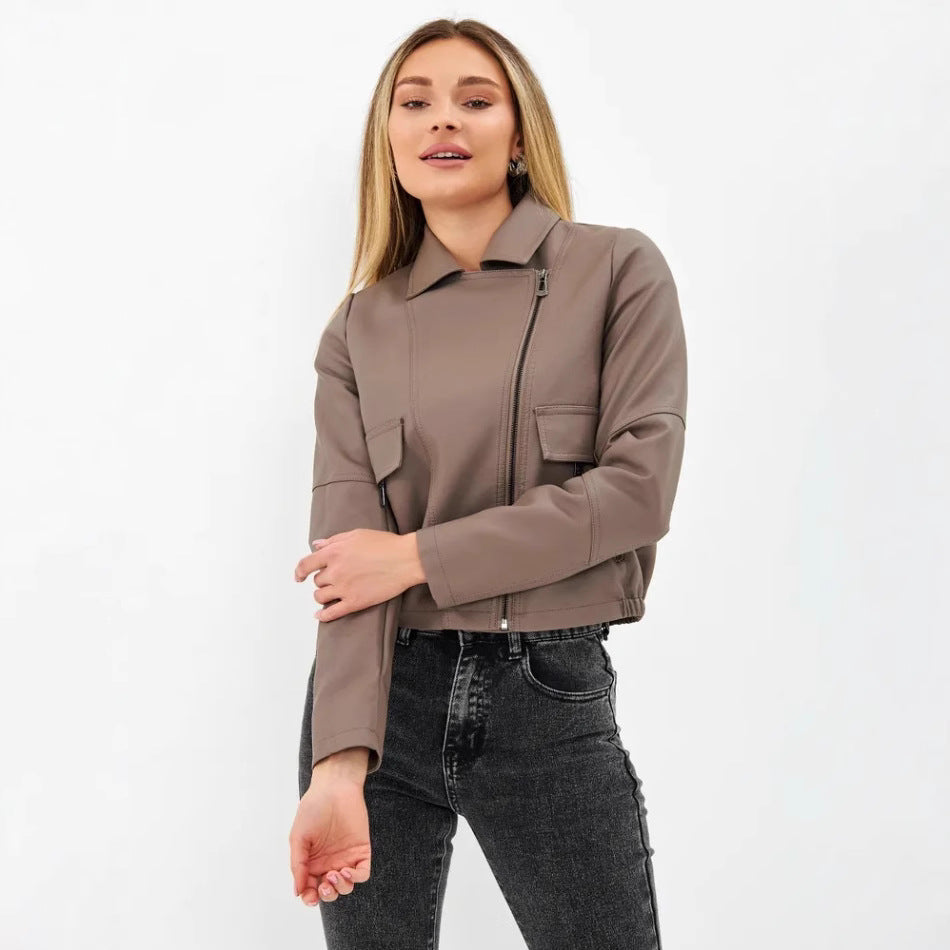 Women's Cropped Faux Leather Jacket with Practical Pockets