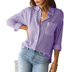 Casual Striped Shirt Blouse with Chest Pocket