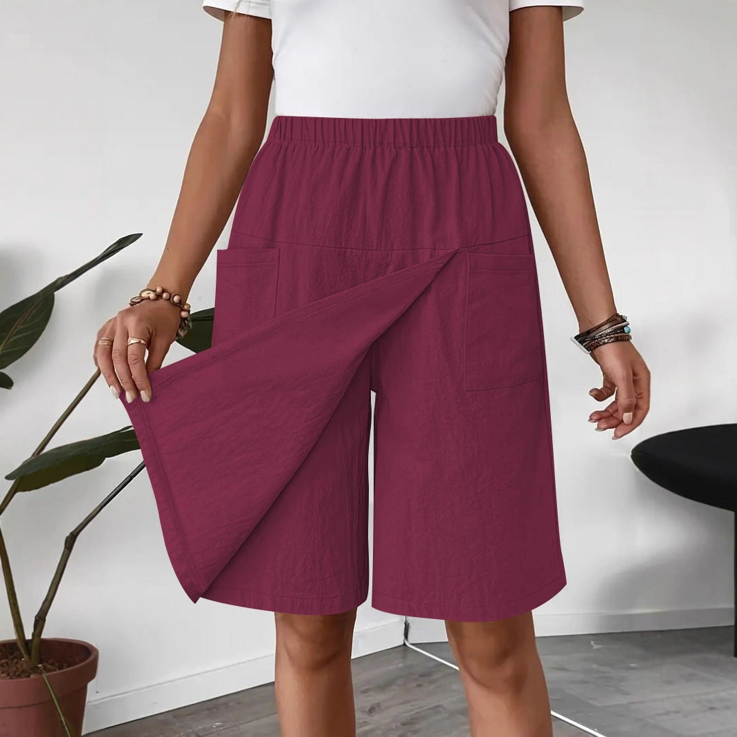 Women's Knee-Length Wrap Skirt with Elastic Waist and Pockets