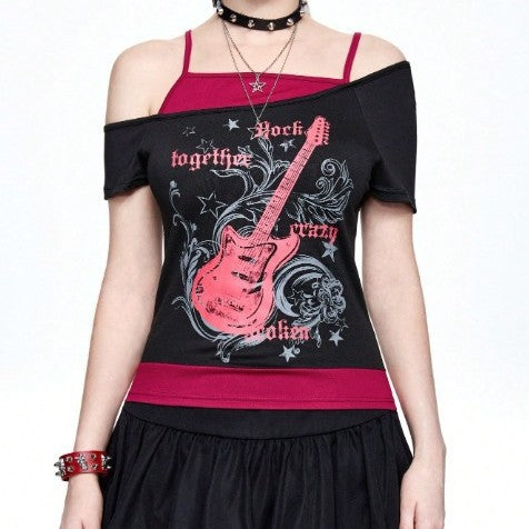 Women's Asymmetrical Rock T-Shirt with Graphic Print
