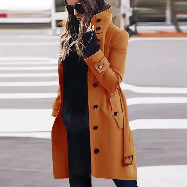 Women's Elegant Trench Coat with High Collar and Practical Pockets