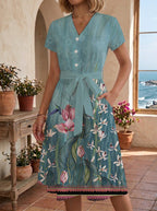 Women's Floral Midi Dress with Adjustable Belt