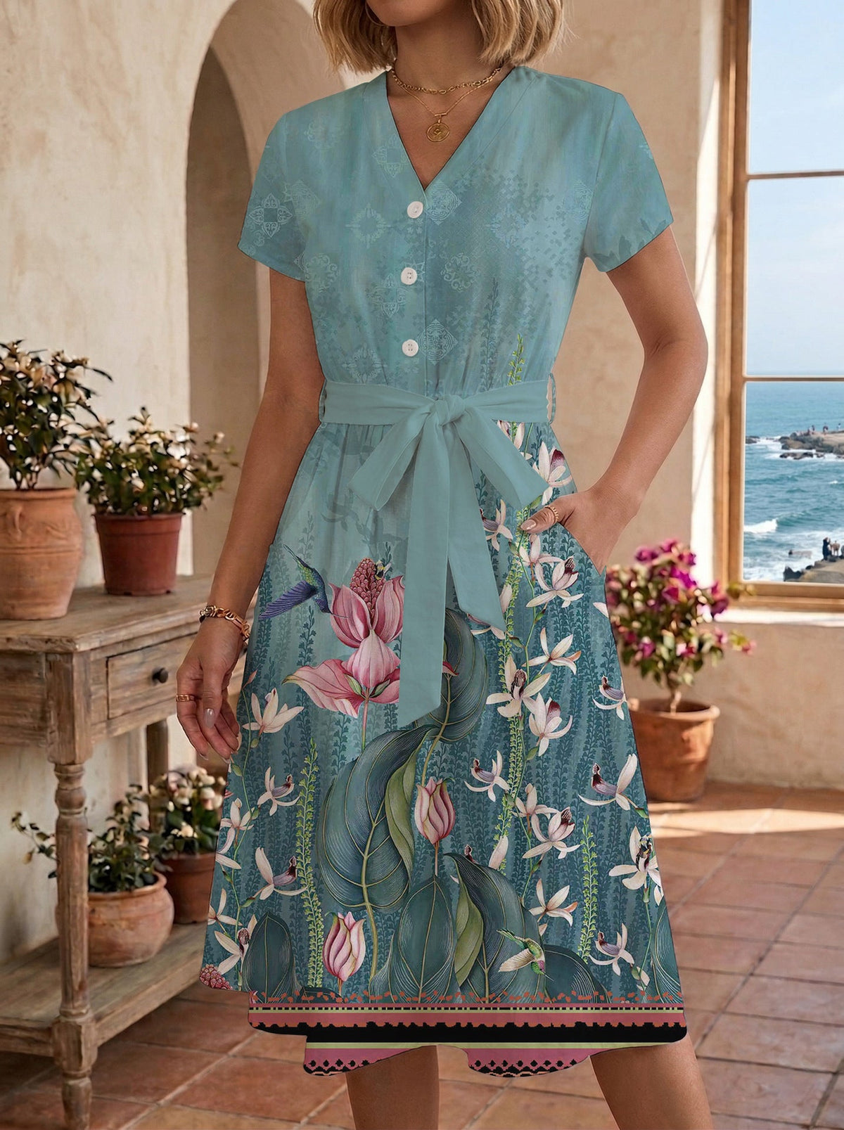 Women's Floral Midi Dress with Adjustable Belt