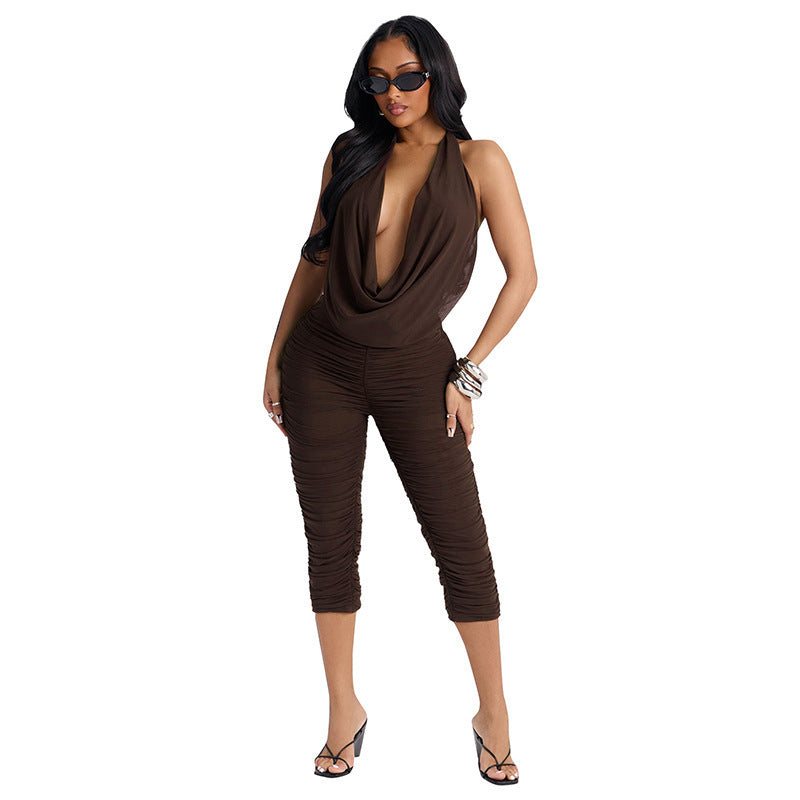 Women's Elegant and Form-Fitting Jumpsuit with Deep V-Neck and Ruching