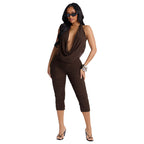 Women's Elegant and Form-Fitting Jumpsuit with Deep V-Neck and Ruching