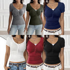 Women's Fitted Short-Sleeve Shirt with Button Placket and Ruching