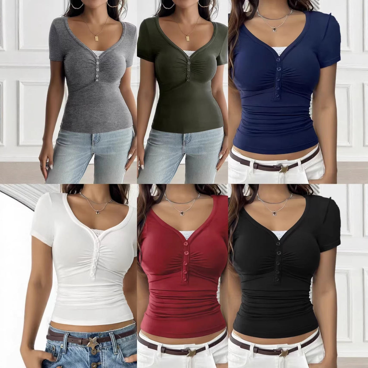 Women's Fitted Short-Sleeve Shirt with Button Placket and Ruching
