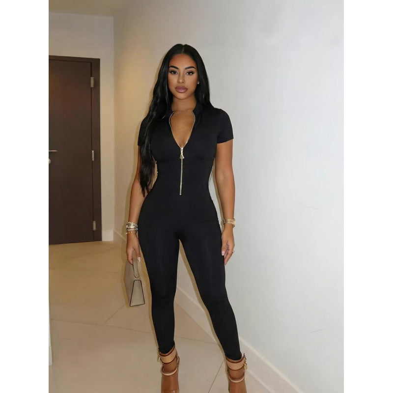 Women's Form-Fitting Jumpsuit with High Neckline and Zipper