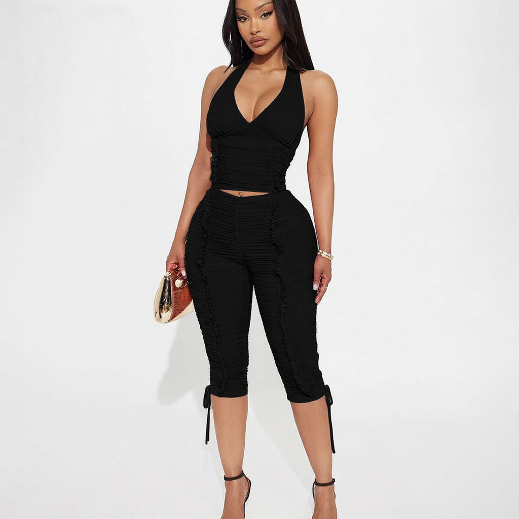 Women's Jumpsuit with Ruching and Tie-Neck
