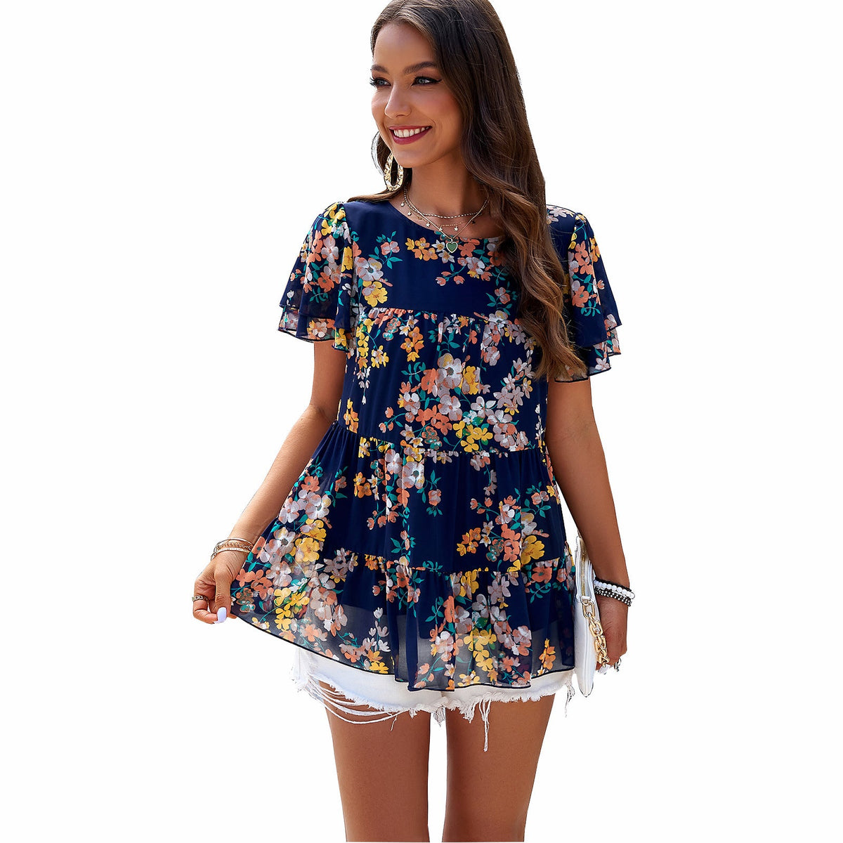 Women's Airy Floral Shirt with Ruffle Details
