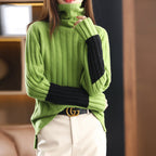 Women's Chunky Knit Turtleneck Sweater with Striped Pattern