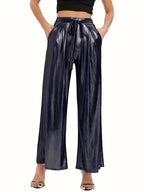 Women's Elegant Pleated Trousers with High-Gloss Finish