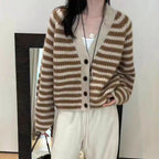 Women's Striped Cardigan with Wide Cut and Button Details
